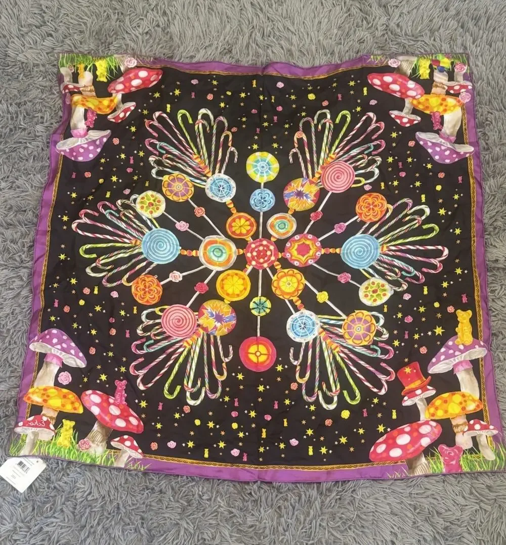 ECHO Silk Scarf Mushrooms Candy Canes Lollipops Gummy Bears Rave Y2KTrippy 35x35